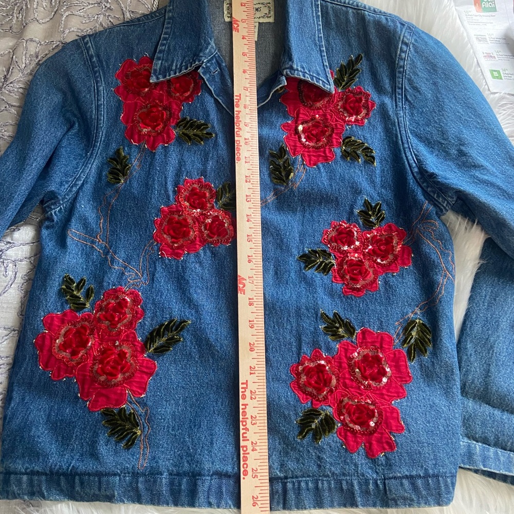 Tantrums Sz S Women’s Blue Denim Jacket with Red Floral Embroidery - Picture 7 of 11